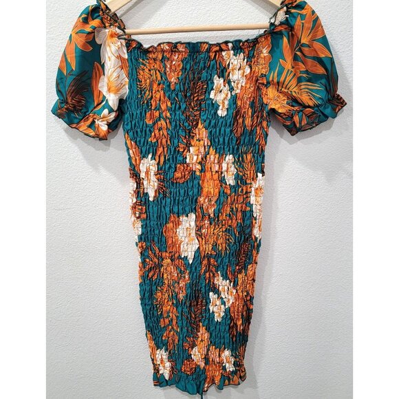 Shein Green & Orange Floral Off-Shoulder Smocked Bodycon Dress Size S - Picture 1 of 10